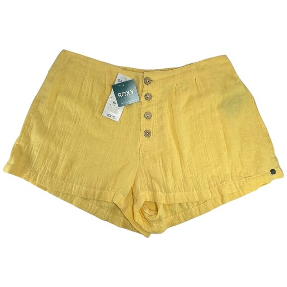 ROXY Sunset Mind Gauze Shorts Sz L Yellow Button Up Mid Rise 100% Cotton - Picture 1 of 9